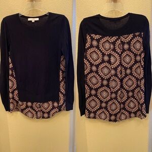 ANN TAYLOR LOFT Women Navy Silk Blend Patterned Long Sleeve Top Size XS